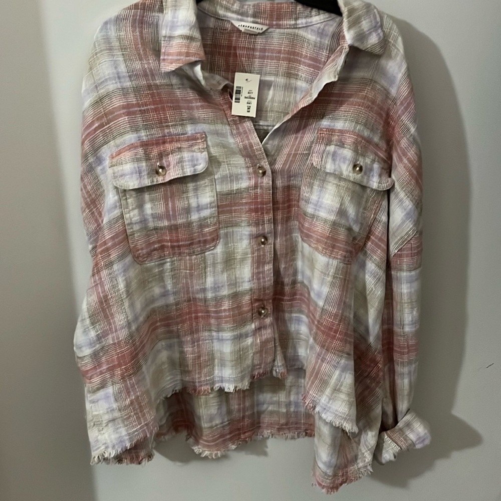 Pink Flannel Distressed Jacket Long Sleeve Aeropostale